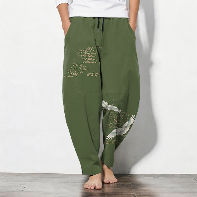 Buddha Stones Pure Cotton Flying Crane Cloud Pattern Drawstring Men's Tapered Pants With Pockets - OliveDrab - US/UK/AU50，EU60 (5XL) - image 7