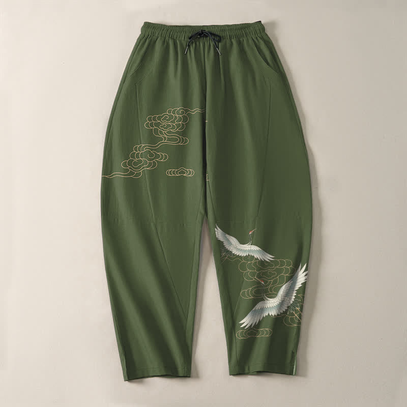 Buddha Stones Pure Cotton Flying Crane Cloud Pattern Drawstring Men's Tapered Pants With Pockets - image 9