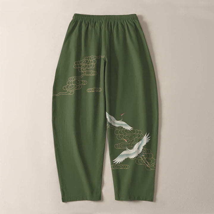 Buddha Stones Pure Cotton Flying Crane Cloud Pattern Drawstring Men's Tapered Pants With Pockets - image 10