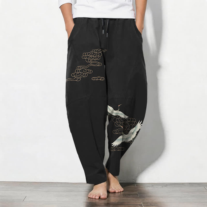 Buddha Stones Pure Cotton Flying Crane Cloud Pattern Drawstring Men's Tapered Pants With Pockets - Black - US/UK/AU50，EU60 (5XL) - image 11