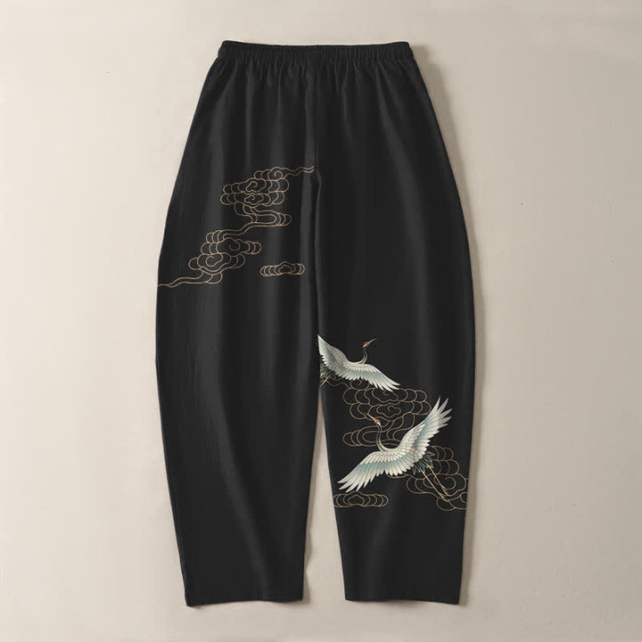 Buddha Stones Pure Cotton Flying Crane Cloud Pattern Drawstring Men's Tapered Pants With Pockets - image 14
