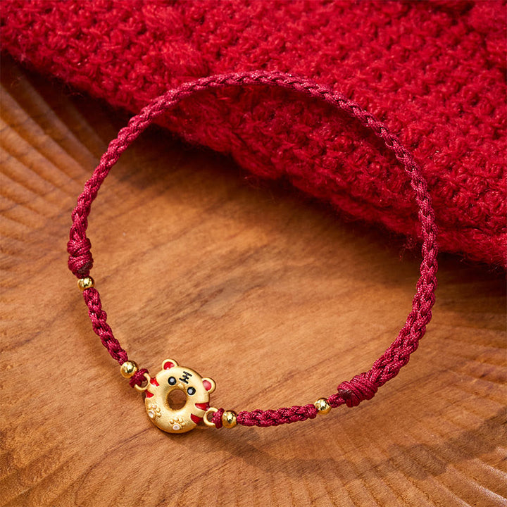 Buddha Stones Copper Tiger Peace Buckle Hand Woven Grounding Red String Adjustable Bracelet - image 1