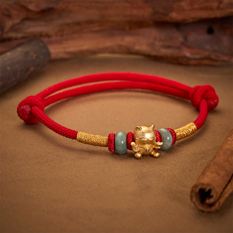 Buddha Stones Hand-Woven Red String Jade Lucky Cat Beads Connection Bracelet - image 1