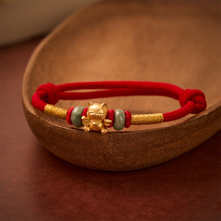 Buddha Stones Hand-Woven Red String Jade Lucky Cat Beads Connection Bracelet - image 3