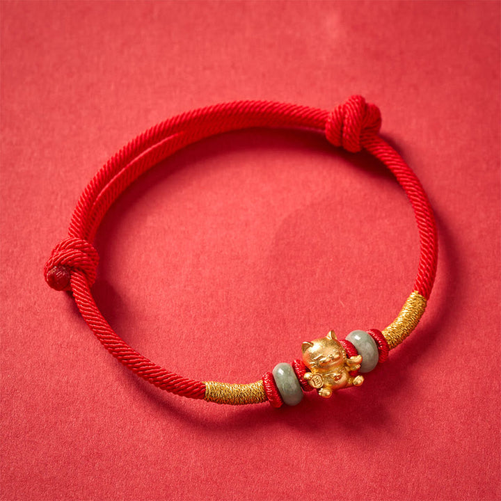 Buddha Stones Hand-Woven Red String Jade Lucky Cat Beads Connection Bracelet - image 4