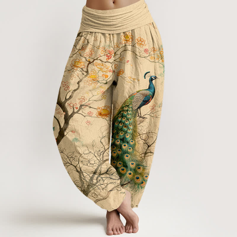 Buddha Stones Cotton Peacock Floral Branch Pattern Women's Elastic Waist Harem Pants - Wheat - US16，UK/AU20，EU48 (3XL) - image 0