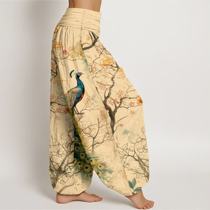 Buddha Stones Cotton Peacock Floral Branch Pattern Women's Elastic Waist Harem Pants - image 1
