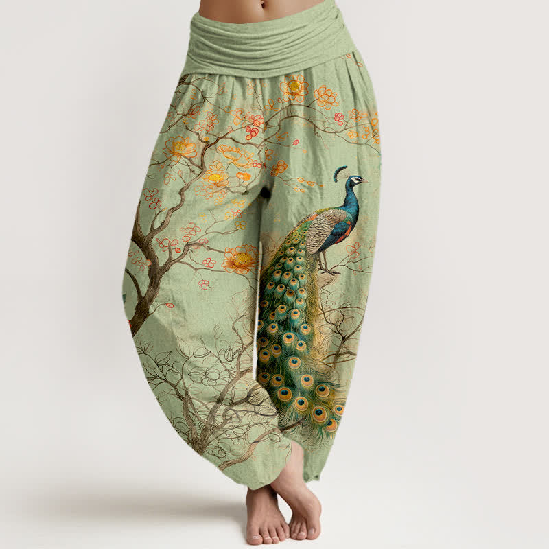 Buddha Stones Cotton Peacock Floral Branch Pattern Women's Elastic Waist Harem Pants - LightGreen - US16，UK/AU20，EU48 (3XL) - image 5