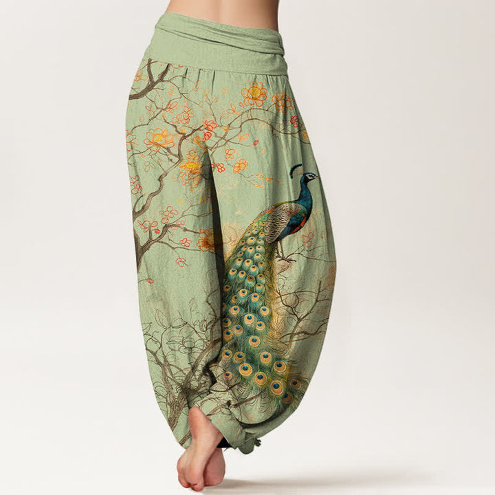 Buddha Stones Cotton Peacock Floral Branch Pattern Women's Elastic Waist Harem Pants - image 7
