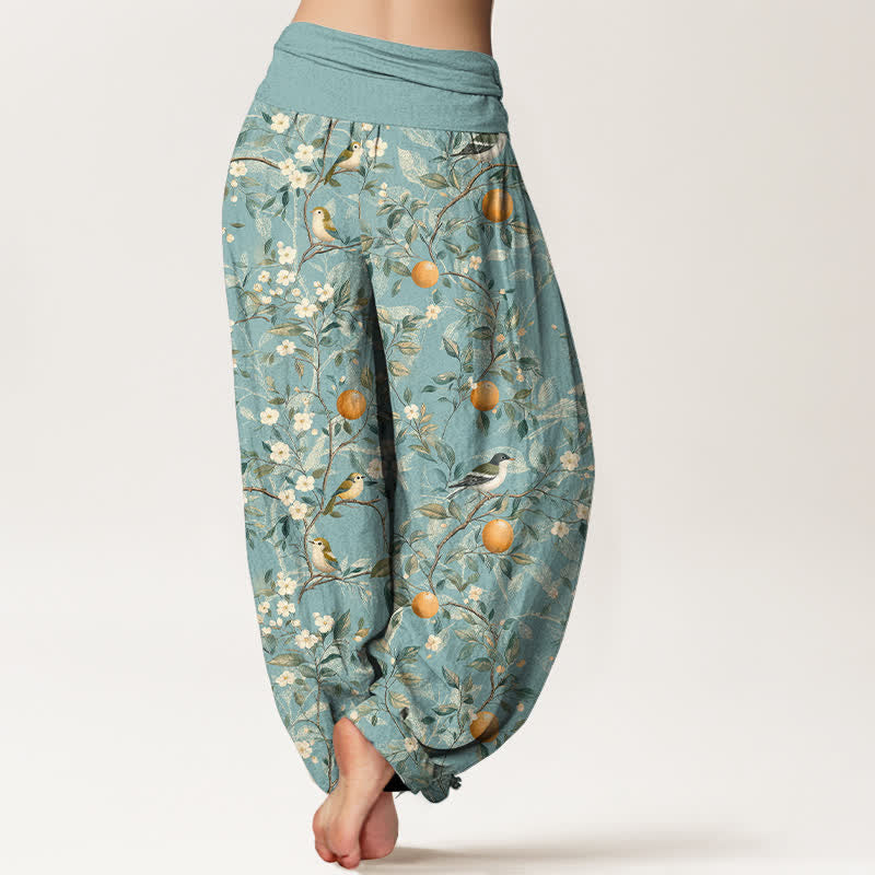 Buddha Stones Cotton Bird Orange Blossom Pattern Women's Elastic Waist Harem Pants - image 1