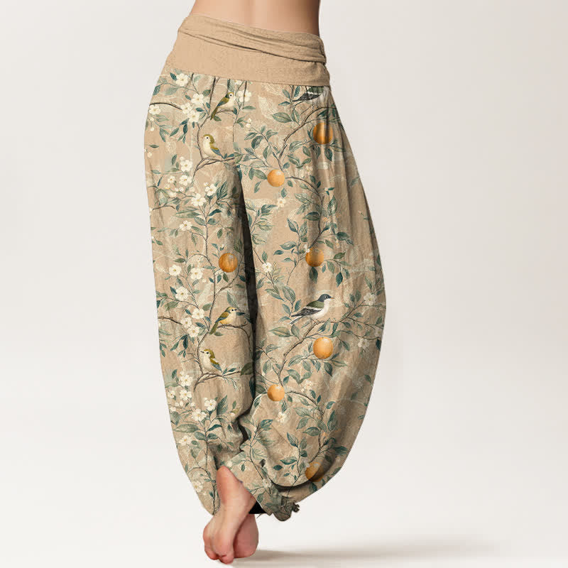 Buddha Stones Cotton Bird Orange Blossom Pattern Women's Elastic Waist Harem Pants - image 6