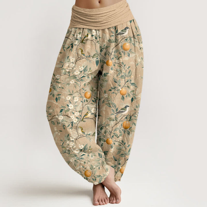 Buddha Stones Cotton Bird Orange Blossom Pattern Women's Elastic Waist Harem Pants - Tan - US16，UK/AU20，EU48 (3XL) - image 5