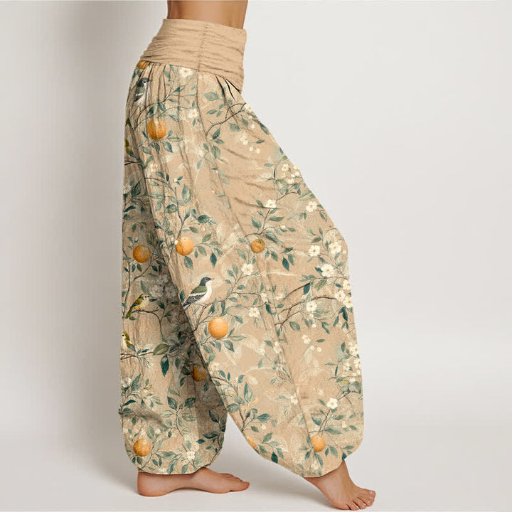 Buddha Stones Cotton Bird Orange Blossom Pattern Women's Elastic Waist Harem Pants - image 7