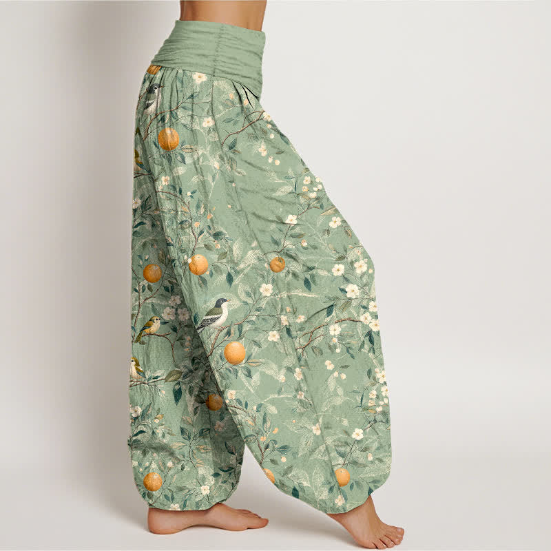 Buddha Stones Cotton Bird Orange Blossom Pattern Women's Elastic Waist Harem Pants - image 10