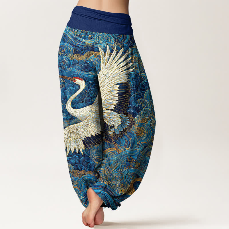 Buddha Stones Cotton White Crane Wave Pattern Women's Elastic Waist Harem Pants - image 1