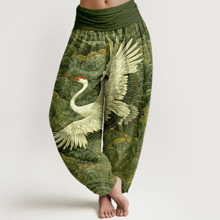 Buddha Stones Cotton White Crane Wave Pattern Women's Elastic Waist Harem Pants - Green - US16，UK/AU20，EU48 (3XL) - image 5