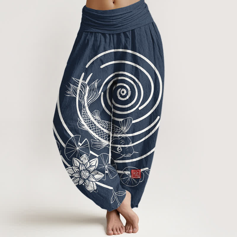 Buddha Stones Cotton Koi Fish Lotus Pattern Women's Elastic Waist Harem Pants - Navy - US16，UK/AU20，EU48 (3XL) - image 0