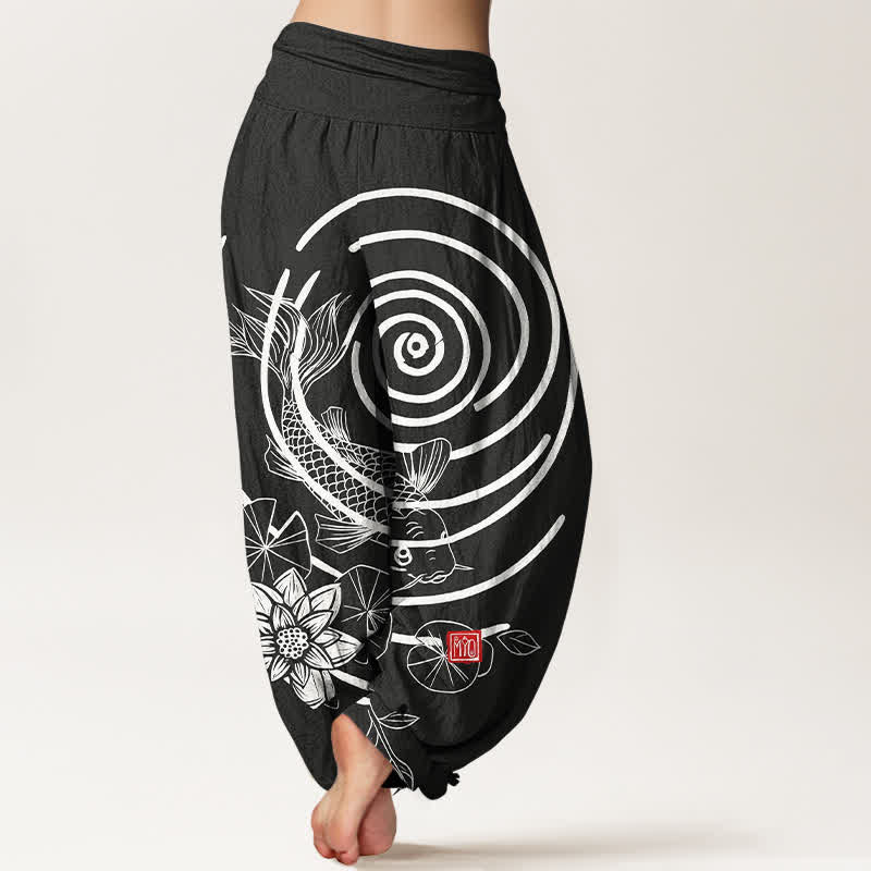 Buddha Stones Cotton Koi Fish Lotus Pattern Women's Elastic Waist Harem Pants - image 9