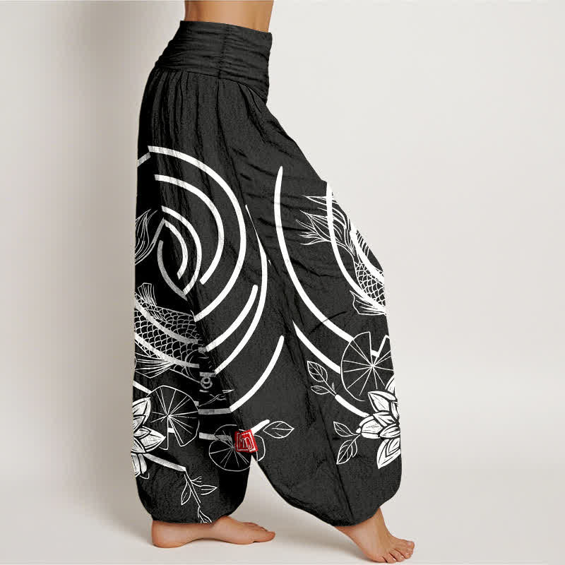 Buddha Stones Cotton Koi Fish Lotus Pattern Women's Elastic Waist Harem Pants - image 10