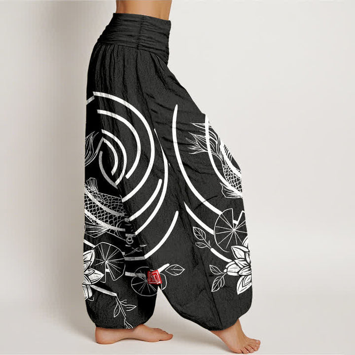 Buddha Stones Cotton Koi Fish Lotus Pattern Women's Elastic Waist Harem Pants - image 10