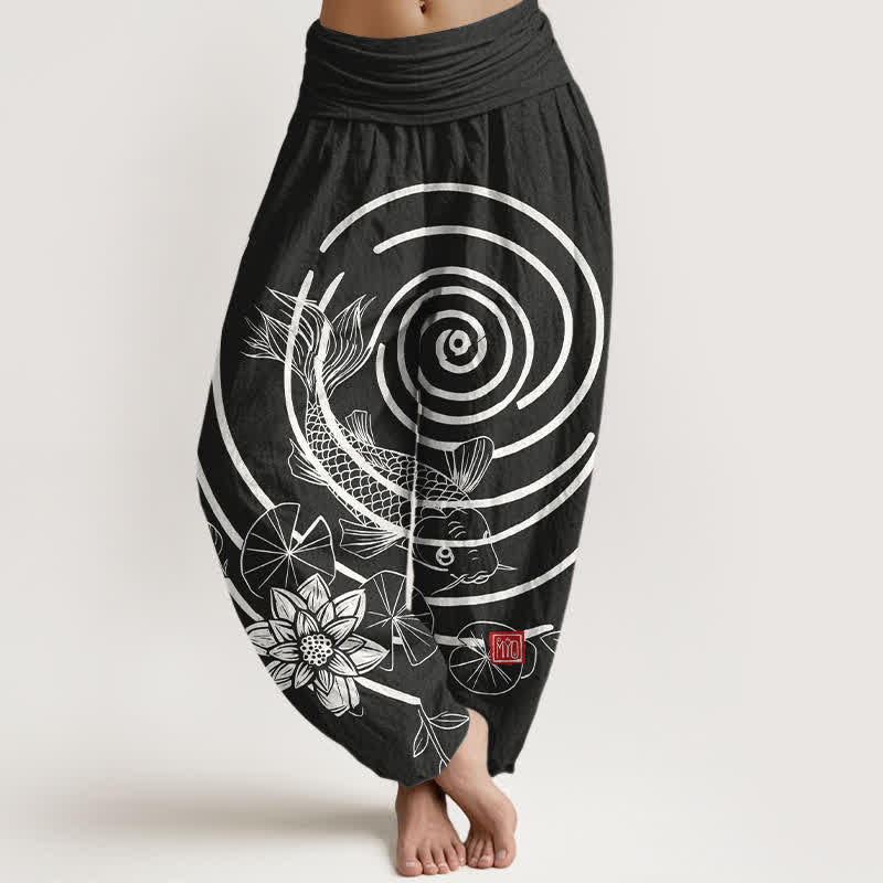 Buddha Stones Cotton Koi Fish Lotus Pattern Women's Elastic Waist Harem Pants - Black - US16，UK/AU20，EU48 (3XL) - image 8
