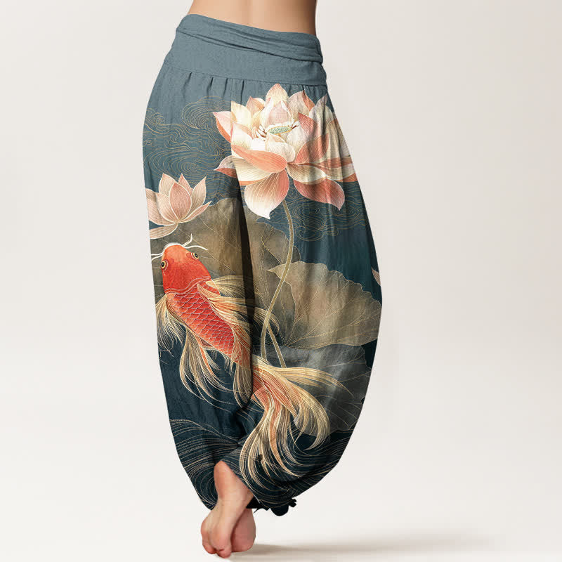 Buddha Stones Cotton Elegant Golden Koi Fish Lotus Pattern Women's Elastic Waist Harem Pants - image 1