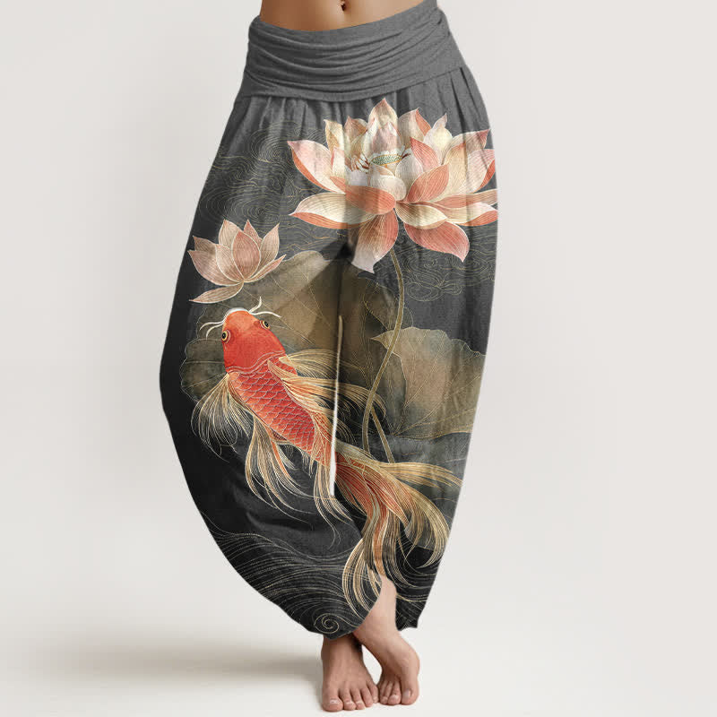 Buddha Stones Cotton Elegant Golden Koi Fish Lotus Pattern Women's Elastic Waist Harem Pants - DimGray - US16，UK/AU20，EU48 (3XL) - image 8