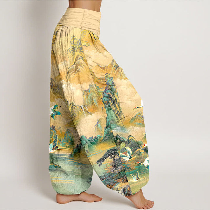 Buddha Stones Cotton Oriental Landscape Red-crowned Crane Pattern Women's Elastic Waist Harem Pants - image 2