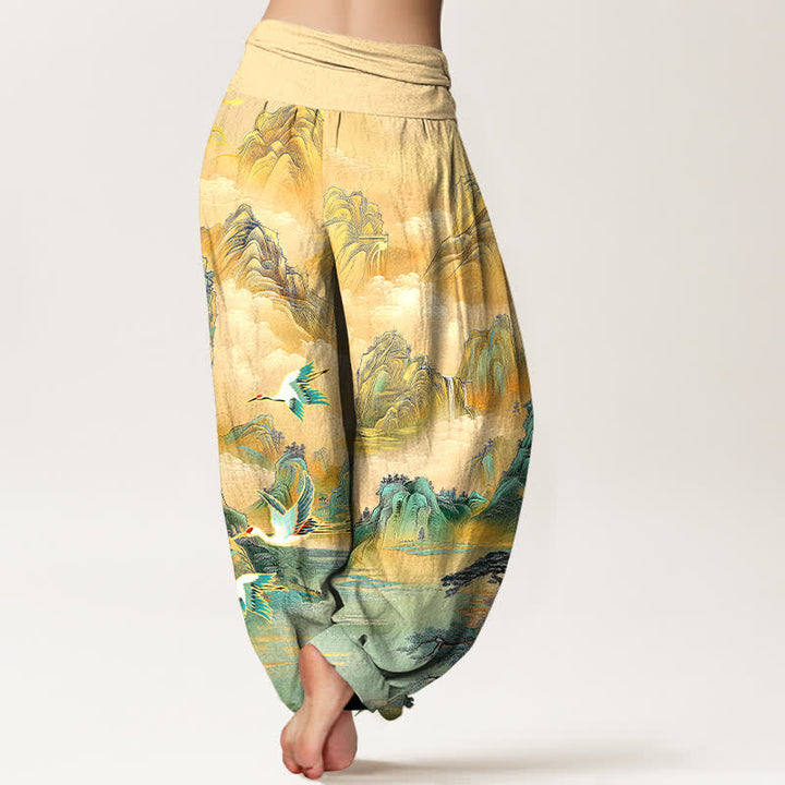 Buddha Stones Cotton Oriental Landscape Red-crowned Crane Pattern Women's Elastic Waist Harem Pants - image 1