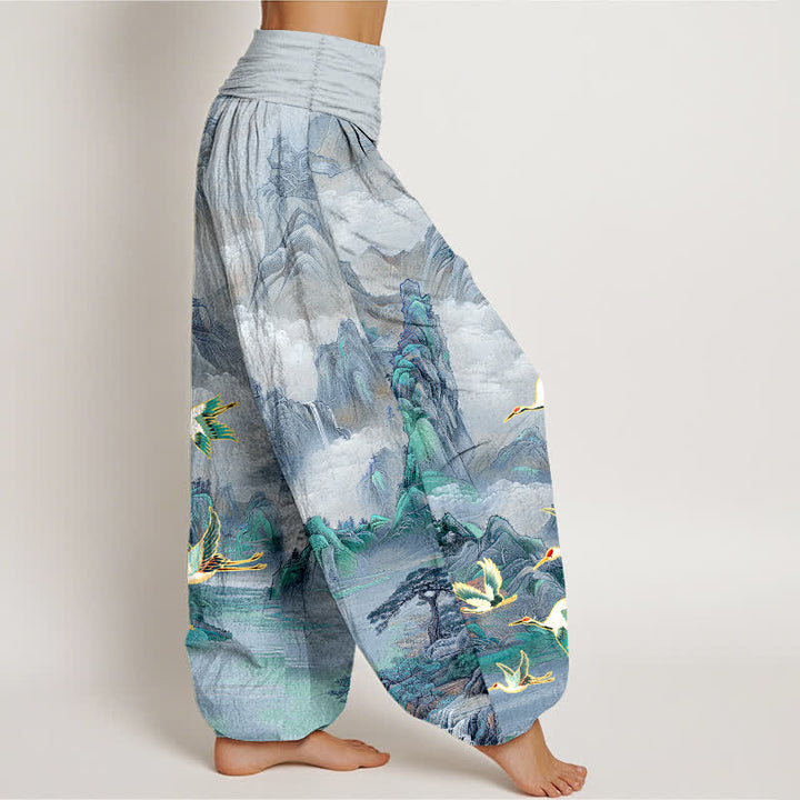Buddha Stones Cotton Oriental Landscape Red-crowned Crane Pattern Women's Elastic Waist Harem Pants - image 10