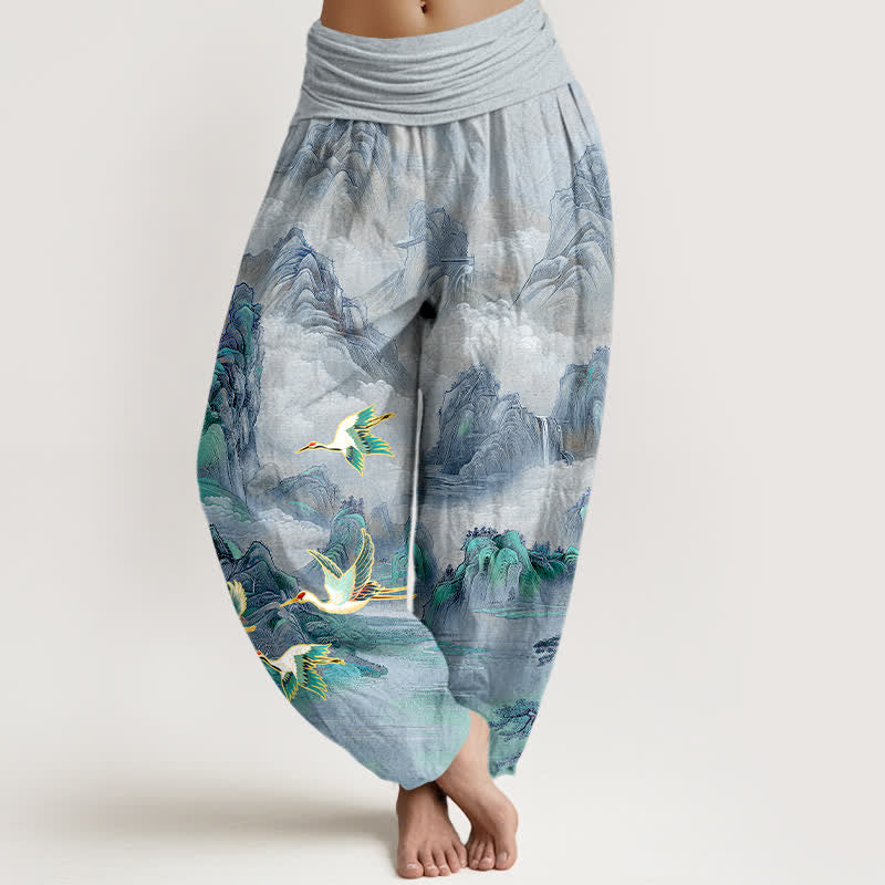 Buddha Stones Cotton Oriental Landscape Red-crowned Crane Pattern Women's Elastic Waist Harem Pants - LightSteelBlue - US16，UK/AU20，EU48 (3XL) - image 8