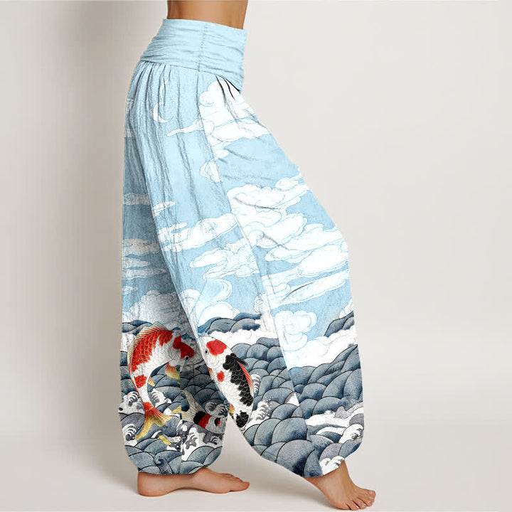 Buddha Stones Cotton Koi Fish Wave Cloud Pattern Women's Elastic Waist Harem Pants - image 2