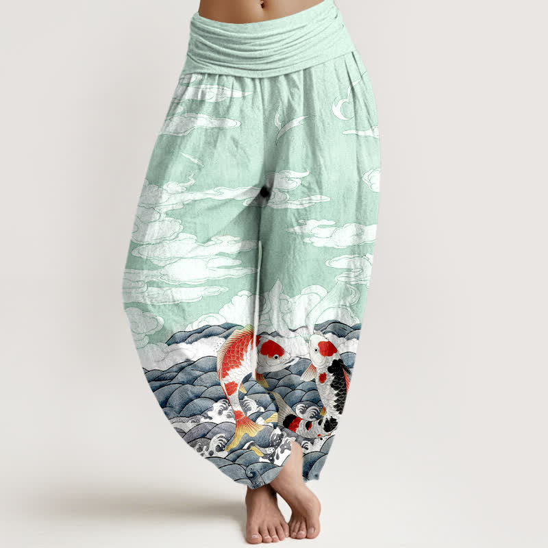 Buddha Stones Cotton Koi Fish Wave Cloud Pattern Women's Elastic Waist Harem Pants - Aquamarine - US16，UK/AU20，EU48 (3XL) - image 5