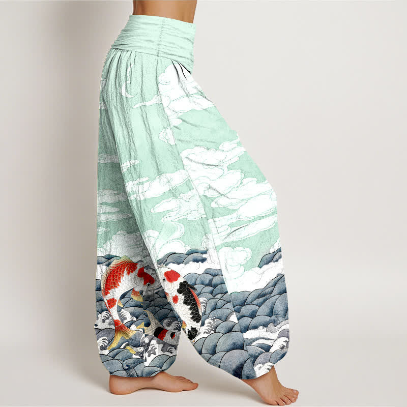 Buddha Stones Cotton Koi Fish Wave Cloud Pattern Women's Elastic Waist Harem Pants - image 7