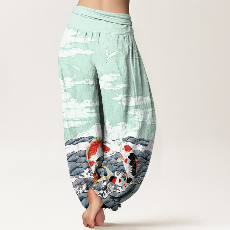 Buddha Stones Cotton Koi Fish Wave Cloud Pattern Women's Elastic Waist Harem Pants - image 6