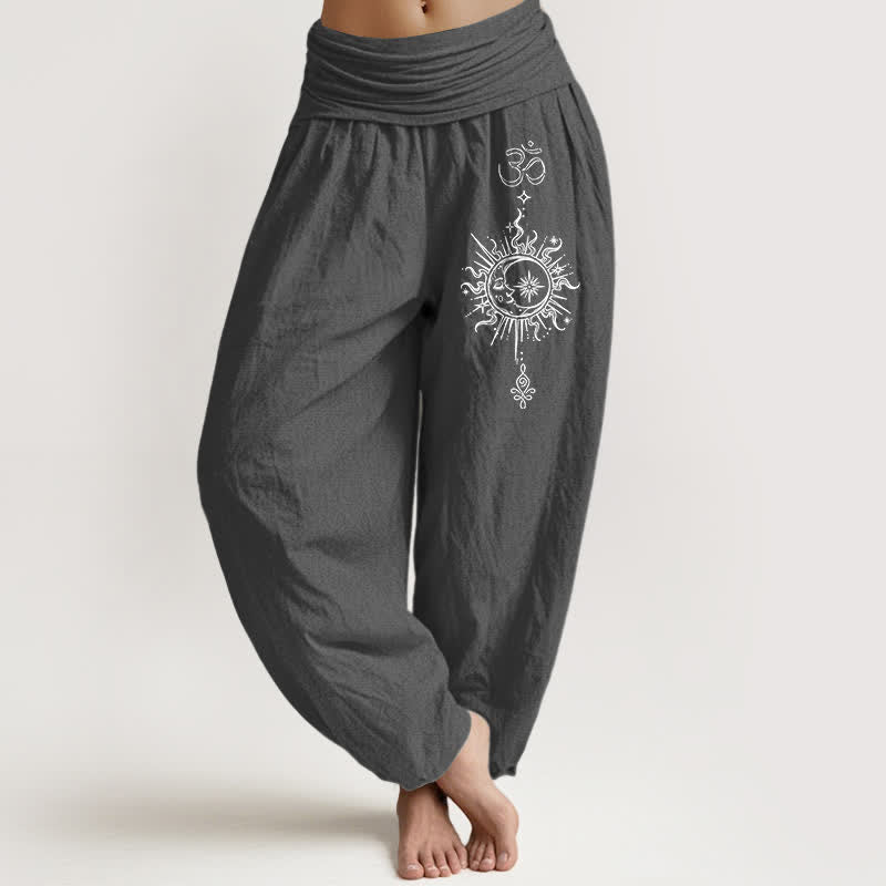 Buddha Stones Pure Cotton White Mandala Om Sun Pattern Women's Elastic Waist Harem Pants - DimGray - US16，UK/AU20，EU48 (3XL) - image 0