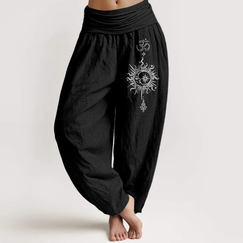 Buddha Stones Pure Cotton White Mandala Om Sun Pattern Women's Elastic Waist Harem Pants - Black - US16，UK/AU20，EU48 (3XL) - image 5