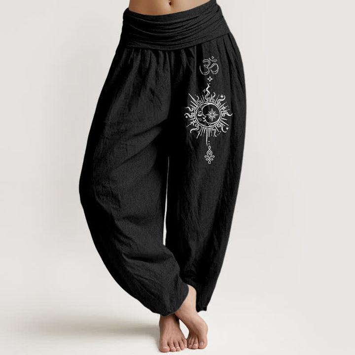 Buddha Stones Pure Cotton White Mandala Om Sun Pattern Women's Elastic Waist Harem Pants - Black - US16，UK/AU20，EU48 (3XL) - image 5