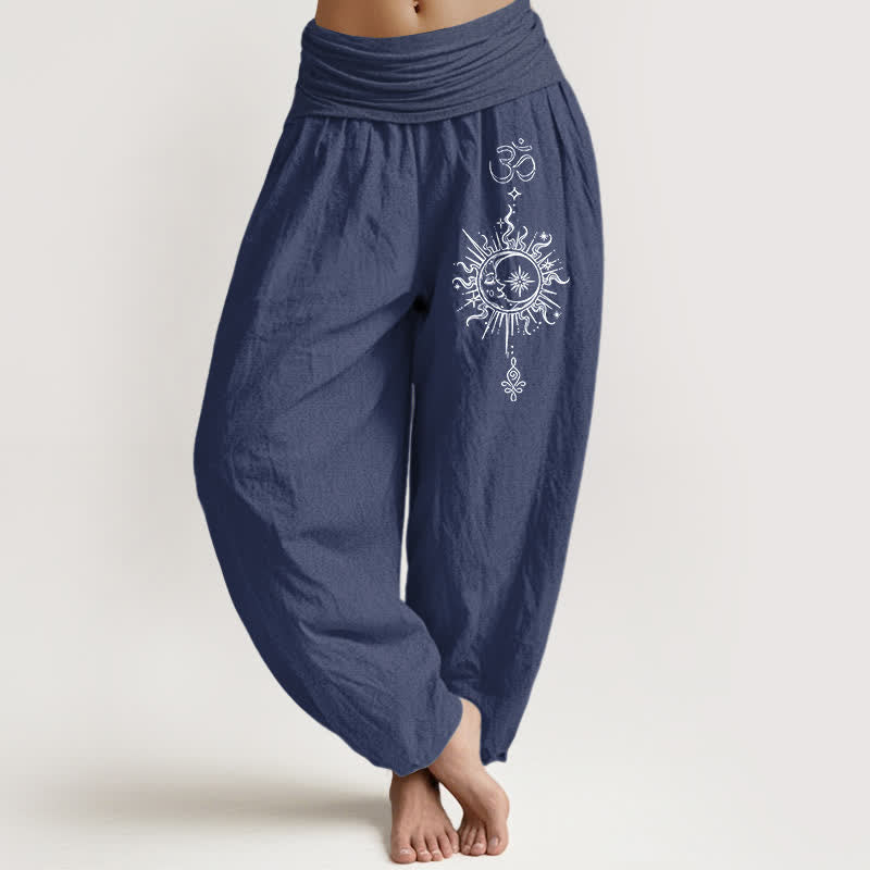 Buddha Stones Pure Cotton White Mandala Om Sun Pattern Women's Elastic Waist Harem Pants - DarkSlateBlue - US16，UK/AU20，EU48 (3XL) - image 8