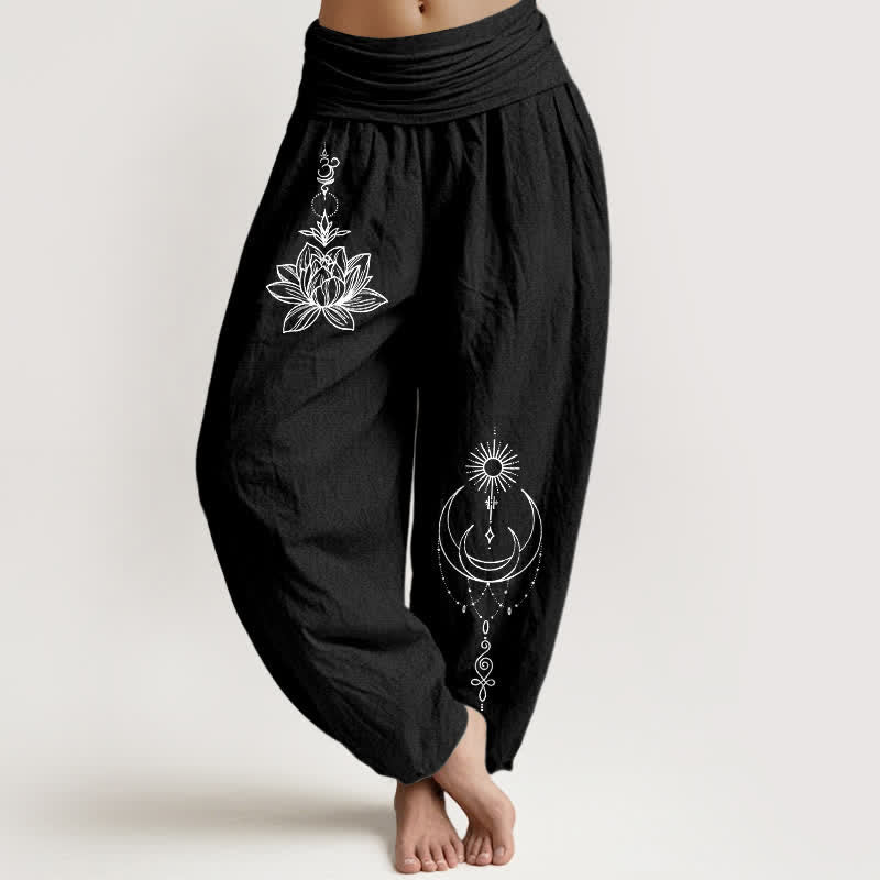 Buddha Stones Pure Cotton Lotus Moon Sun Pattern Women's Elastic Waist Harem Pants - Black - US16，UK/AU20，EU48 (3XL) - image 0