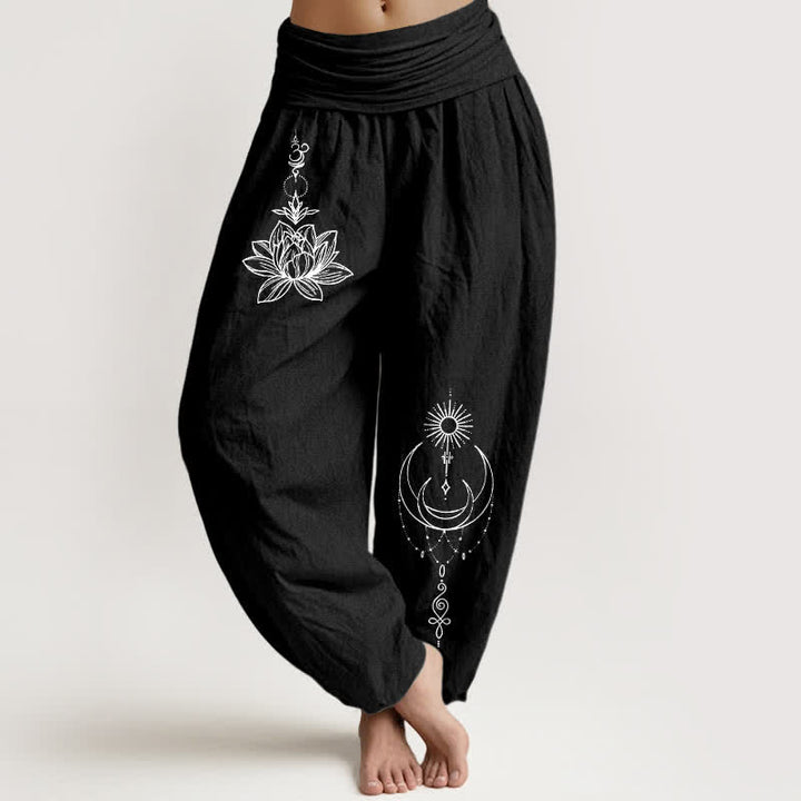 Buddha Stones Pure Cotton Lotus Moon Sun Pattern Women's Elastic Waist Harem Pants - Black - US16，UK/AU20，EU48 (3XL) - image 0