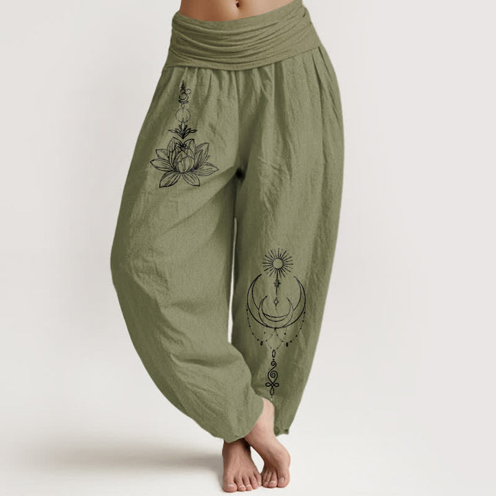 Buddha Stones Pure Cotton Lotus Moon Sun Pattern Women's Elastic Waist Harem Pants - OliveDrab - US16，UK/AU20，EU48 (3XL) - image 11