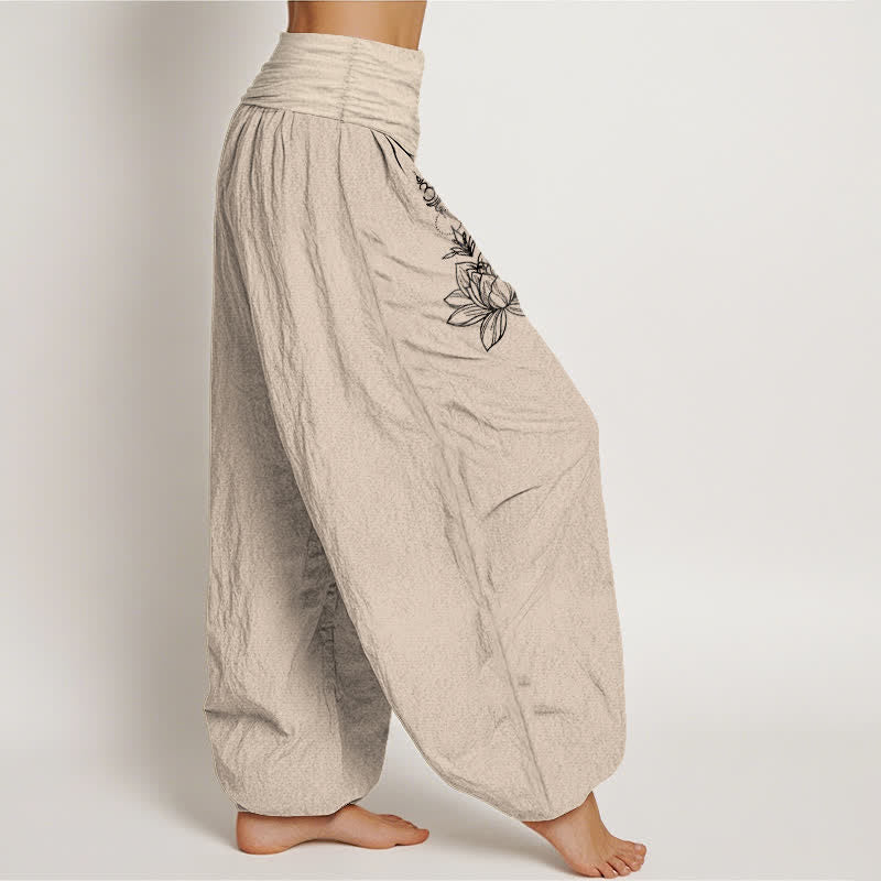 Buddha Stones Pure Cotton Lotus Moon Sun Pattern Women's Elastic Waist Harem Pants - image 15