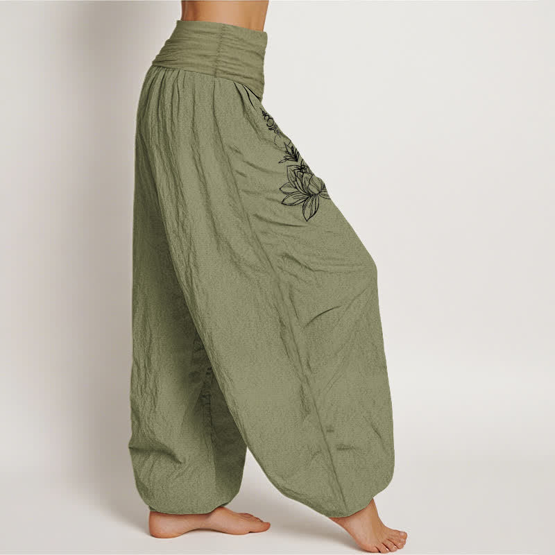 Buddha Stones Pure Cotton Lotus Moon Sun Pattern Women's Elastic Waist Harem Pants - image 12