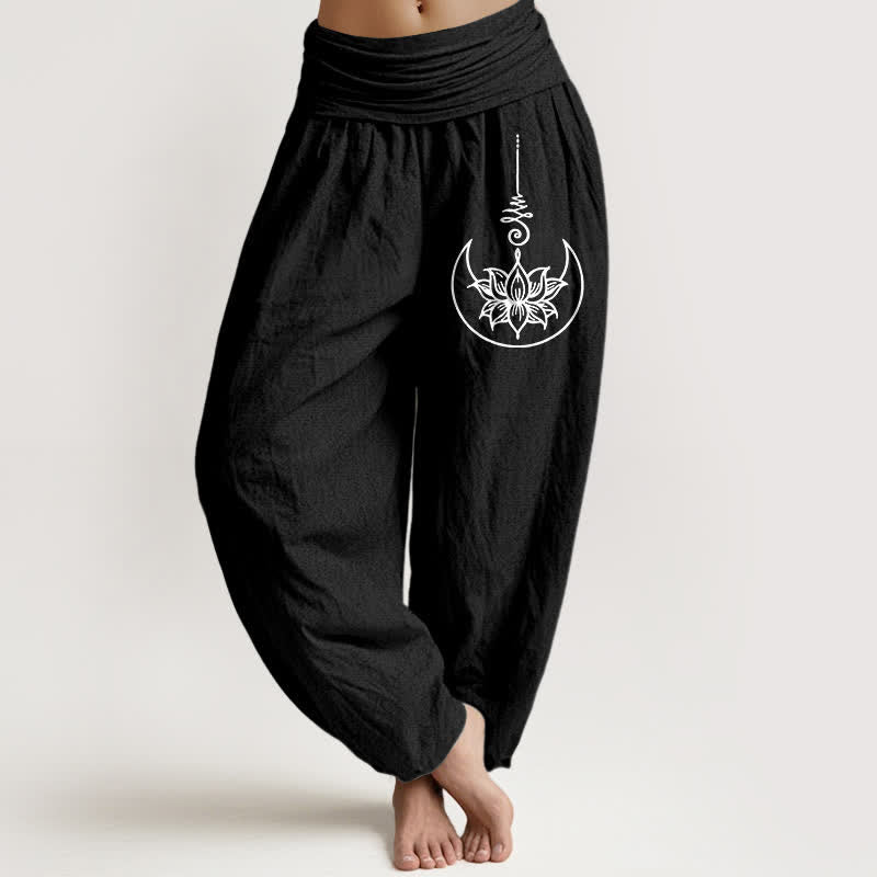 Buddha Stones Pure Cotton Sacred Lotus Moon Pattern Women's Elastic Waist Harem Pants - Black - US16，UK/AU20，EU48 (3XL) - image 5
