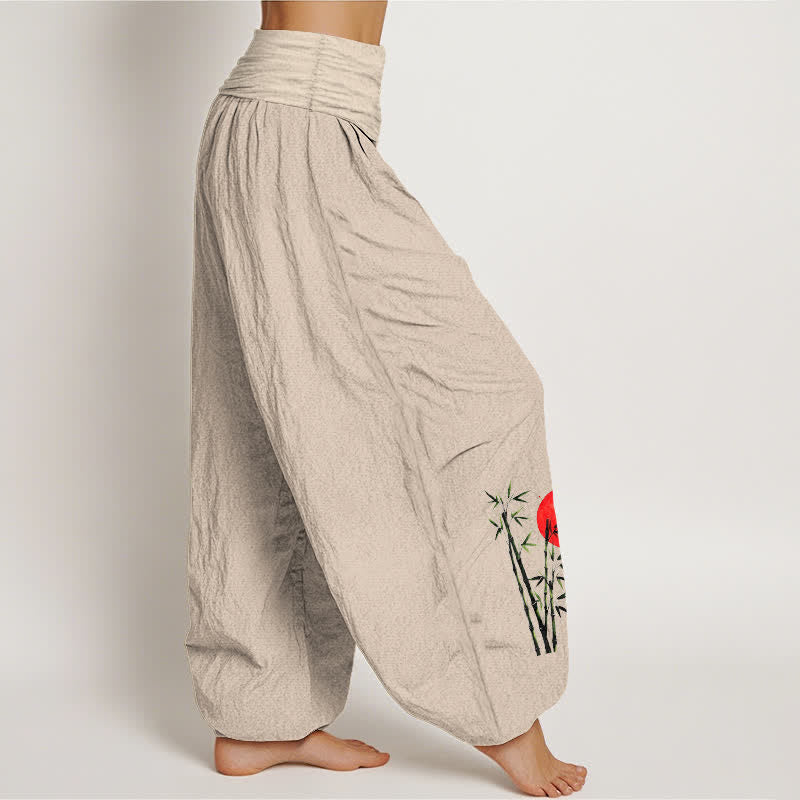 Buddha Stones Pure Cotton Flying Crane Red Sun Pattern Women's Elastic Waist Harem Pants - image 1