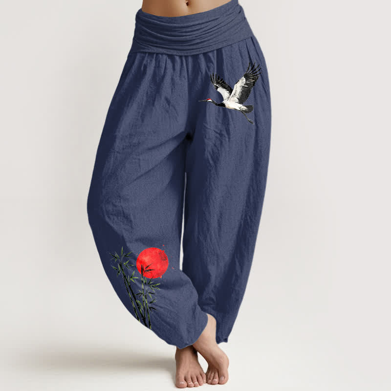 Buddha Stones Pure Cotton Flying Crane Red Sun Pattern Women's Elastic Waist Harem Pants - DarkSlateBlue - US16，UK/AU20，EU48 (3XL) - image 5