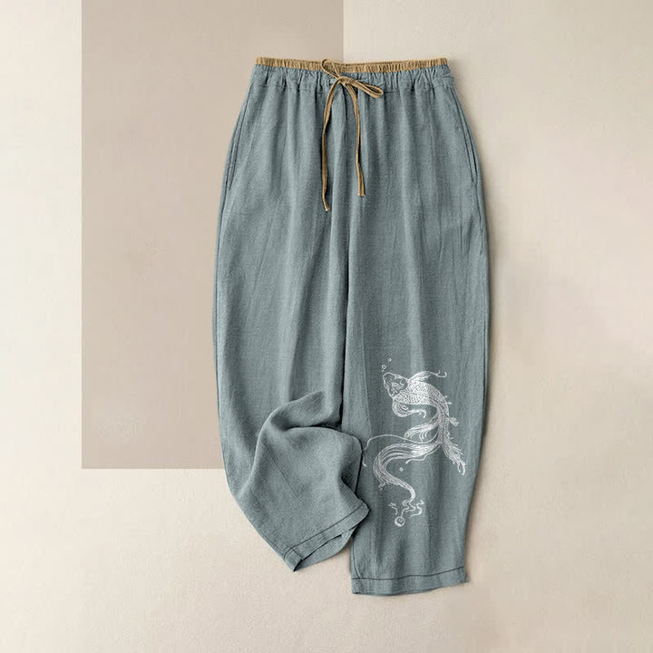 Buddha Stones Pure Cotton White Koi Fish Pattern Women's Elastic Waist Pants With Pockets - LightBlue - US16，UK/AU20，EU48 (3XL) - image 0