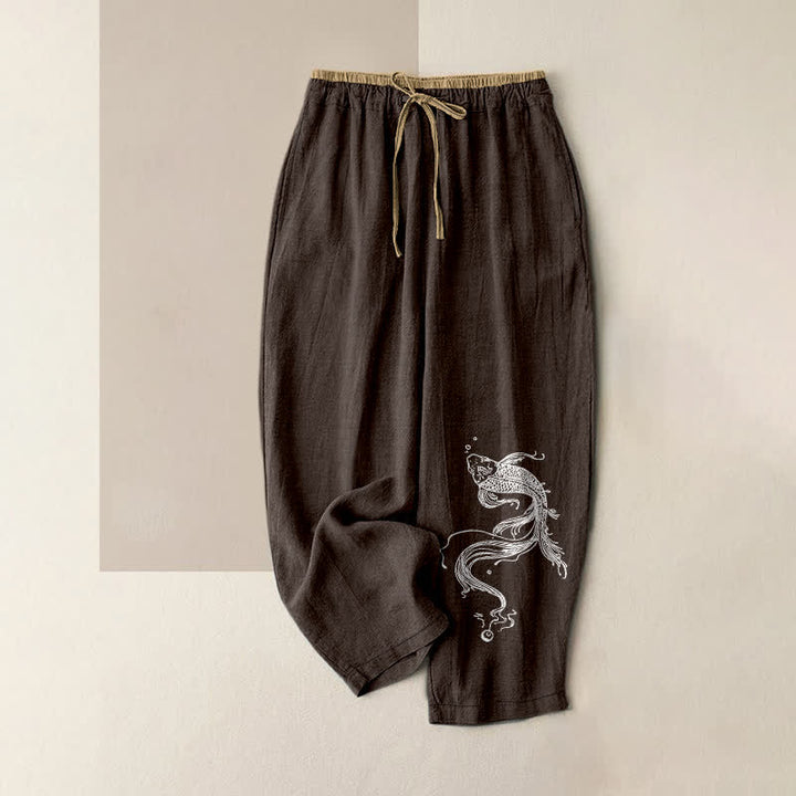 Buddha Stones Pure Cotton White Koi Fish Pattern Women's Elastic Waist Pants With Pockets - SaddleBrown - US16，UK/AU20，EU48 (3XL) - image 5