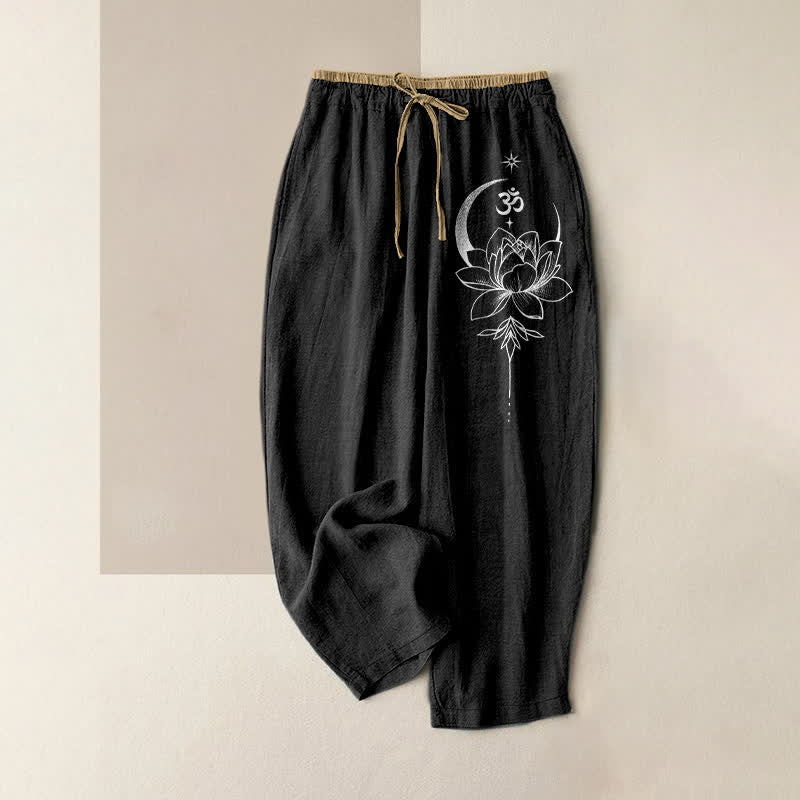 Buddha Stones Pure Cotton Lotus Moon Om Pattern Women's Elastic Waist Pants With Pockets - Black - US16，UK/AU20，EU48 (3XL) - image 0